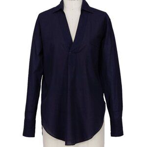 Helmut Lang Shirt Navy Blue Tunic Top Size Small Long Sleeve Collared V Neck